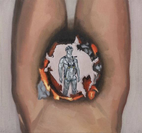 Shannon McCulloch  Age 26, Brunswick, VIC  Safety through impotence 2021  oil on marine ply, 35 x 37cm 