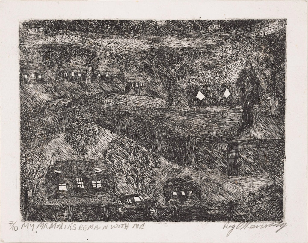 Black-and-white drawing of six small buildings and a church set amongst trees. In the foreground is a car or van.