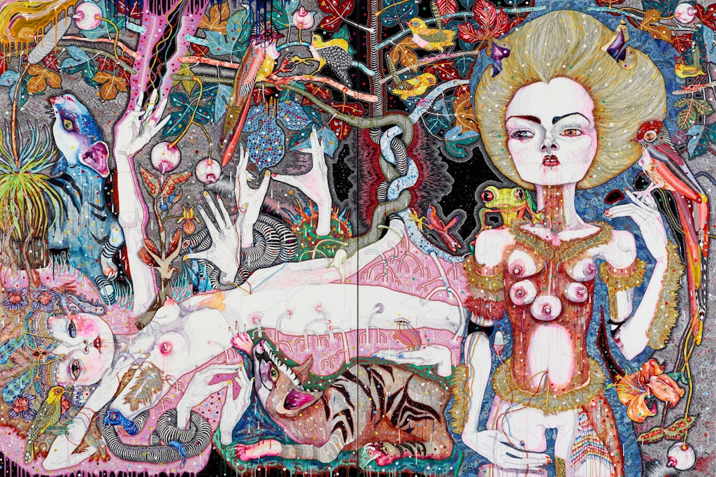 A nude female figure with five breasts stands on the right of the image while another nude female figures lies on the left. Around them are various animals and plants.