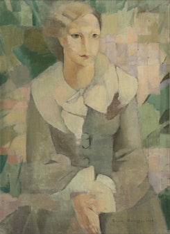 A modernist painting of a woman in a grey-green dress with a wide collar and cuffs.