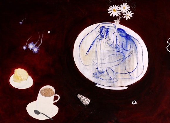 Three daisies in a white vase illustrated with two nude figures in blue. Around it lie a string of pearls, a ring, a thumble, a cup of a milky drink on a saucer with a spoon, a plate with a piece of food on it and a few more flowers.