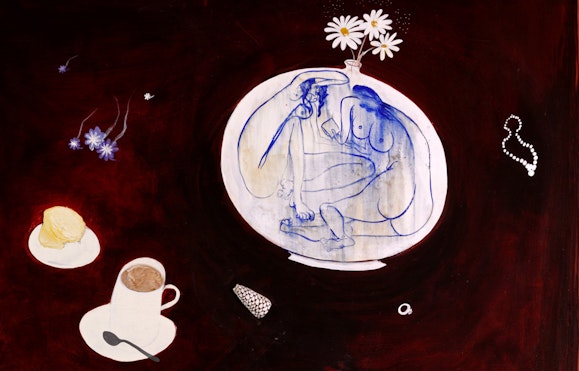 Three daisies in a white vase illustrated with two nude figures in blue. Around it lie a string of pearls, a ring, a thumble, a cup of a milky drink on a saucer with a spoon, a plate with a piece of food on it and a few more flowers.