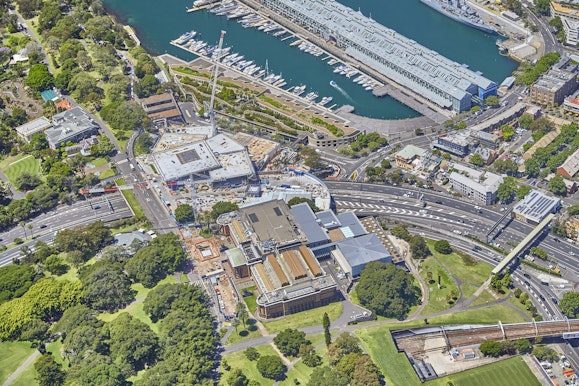 Aerial view of the Sydney Modern Project construction site next to the existing Art Gallery of NSW building. Photo: Craig Willoughby