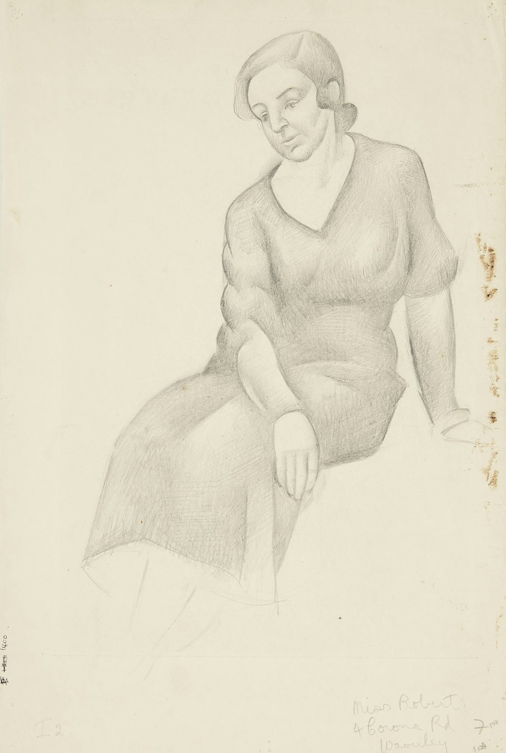 Pencil drawing of a seated woman in a dress. There are some marks and inscriptions on the paper.