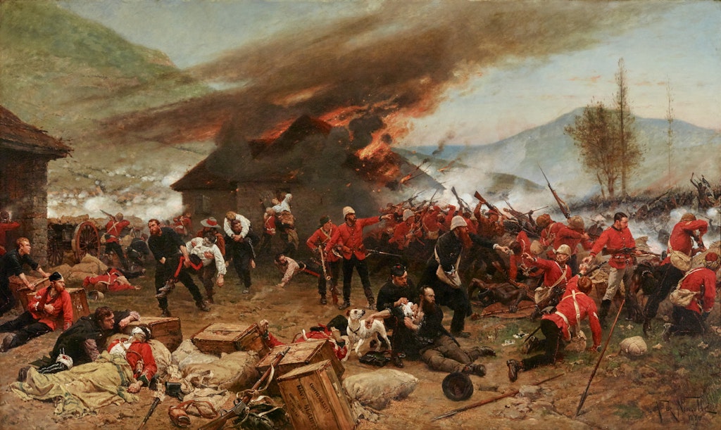 A chaotic battlefield scene in a rural setting with many red-coated soldiers with firearms, injured people, a burning building and smoke.