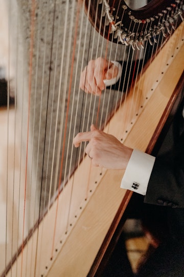 Two hands playing the strings of a harp. The player is wearing a jacket with visibile shirt cuffs and cufflinks.