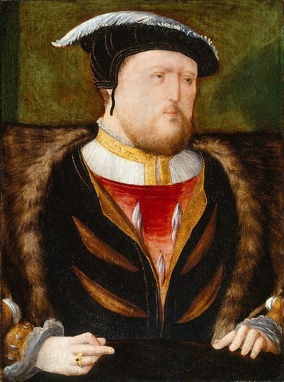 The head and torso of a bearded man wearing a feathered hat and fine clothes of velvet and fur.  Both hands are visible and there is a ring on his right hand.