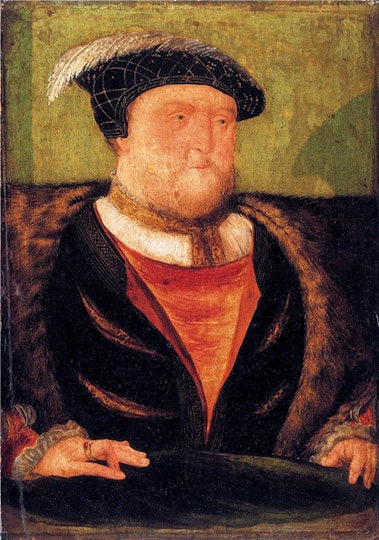 The head and torso of a bearded man wearing a feathered hat and fine clothes of velvet and fur.  Both hands are visible and there is a ring on his right hand. He appears stouter than the comparative portraits.