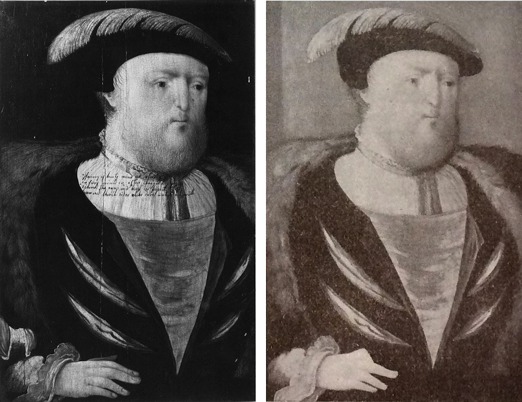 Two black-and-white images of a portrait of a bearded man. The version on the left has text over part of it and the sitter's hand  is different.