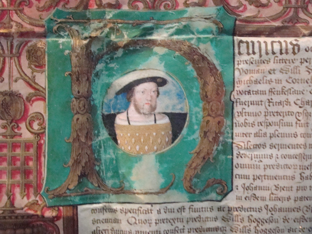 Portrait miniature of Henry VIII, from the letters patent for Thomas Foster, probably painted by Lucas Horenbout, 1524, Victoria and Albert Museum, London, MSL/1999/6. "Photo by Andrew Turvey":https://www.flickr.com/photos/24667756@N04/3314914134, "licensed under Creative Commons":https://creativecommons.org/licenses/by-sa/4.0/legalcode