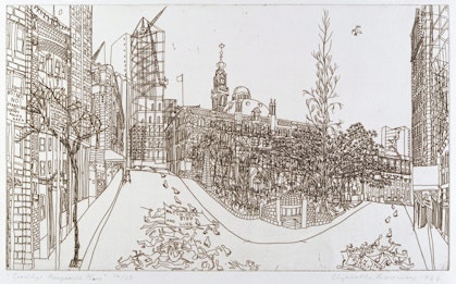 A city steetscape with buildings of various heights and a few trees. Multiple bodies like in the streets..