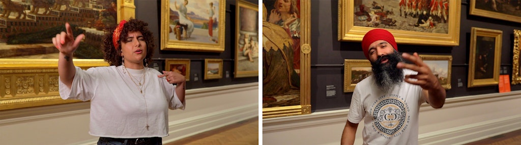 Two images of people wearing white t-shirts in a gallery space with historic paintings on the wall. The person on the left has curly dark hair and wears a red headband. The person on the right has a beard and wears a red turban.