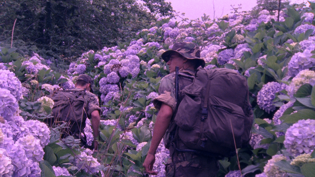 Two soldiers in camouflage uniforms, carrying backpacks, walk through dense bushes of purple flowers.