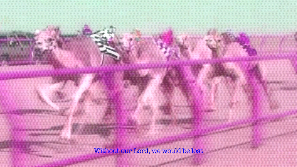 Grainy footage of camels racing between fencing. A subtitle reads 'Without our Lord, we would be lost'.