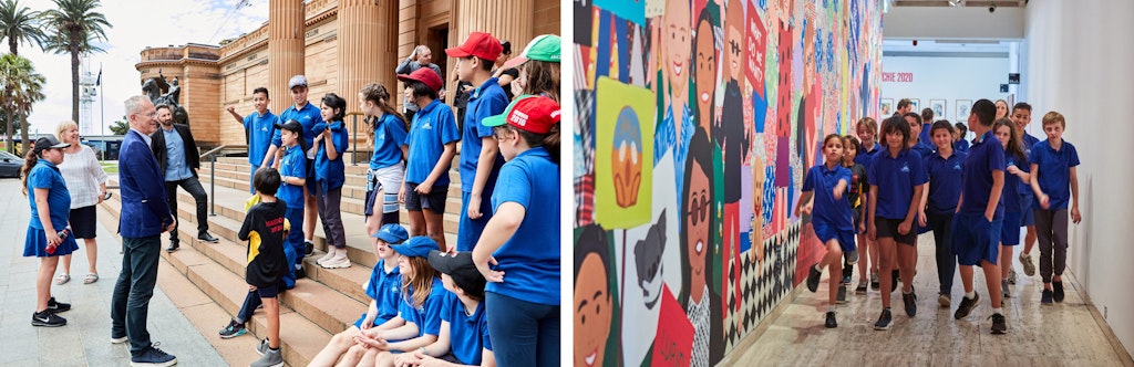 A few adults and a group of children in blue uniforms gather in front of the building in the photo on the left, and move down a hallway with a colourful mural on one wall.