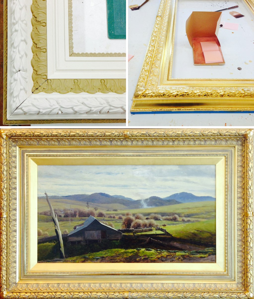 Frame in progress for John Mather's ??A woolshed, Victoria?? (clockwise from top left): composition ornaments; immediately after gilding; finished frame