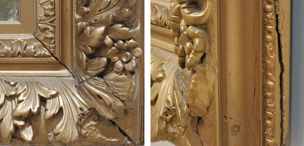 The photo at left shows a detail of an ornate frame with cracks and losses. The photo on the right shows a different angle and detail with a large, deep crack.