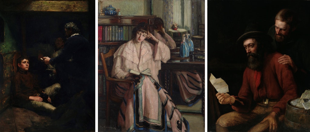 A person seated on the floor in a corner is approached by another person, a person sits reading a book in a chair in front of a bookcase, and a seated person reads a piece of paper with someone leaning over their shoulder.