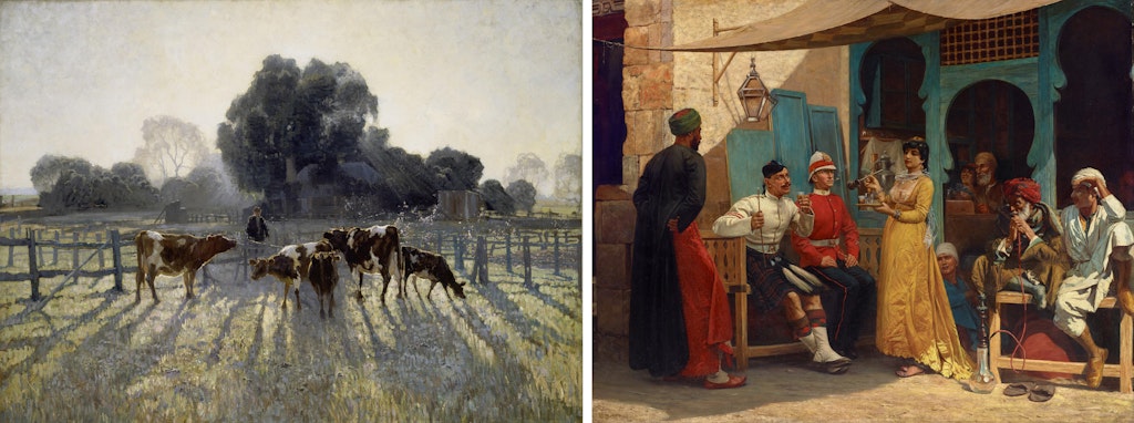 Cows in a fenced paddock. People seated and standing outdoors under an awning in front of arched doors.