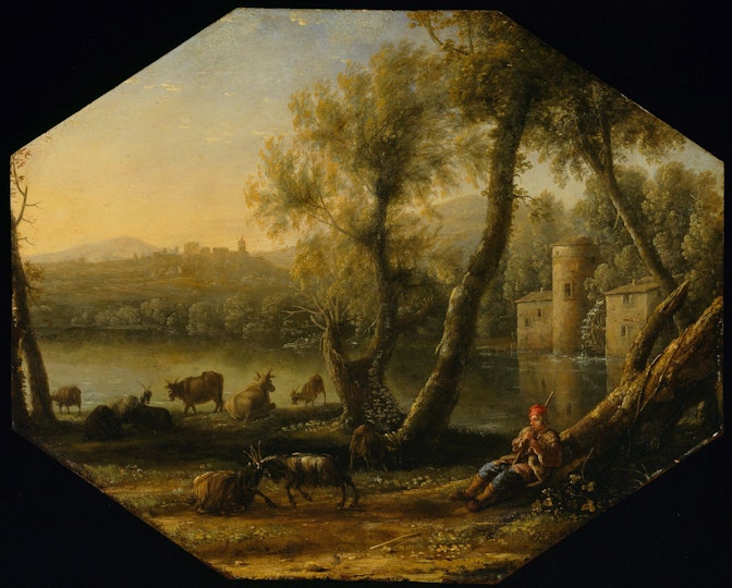 A landscape painting of a body of water among trees. In the foreground is a person sits watching goats and cows.