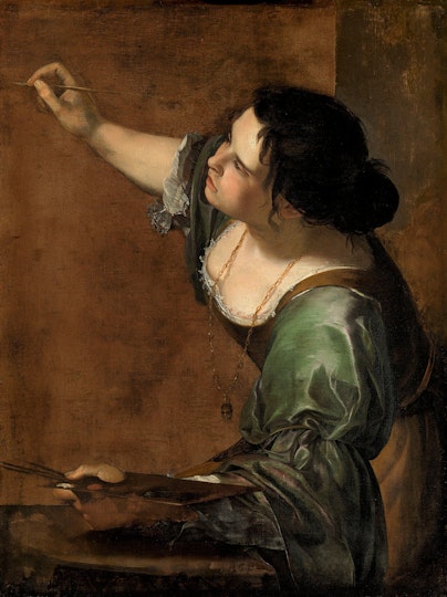 A person dressed in green silk, holding a paint palette in one hand and a brush in the other.