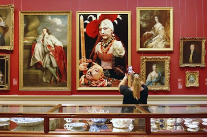 Installation view of Grand Courts featuring Morimura Yasumasa Mother (Judith II) 1991 (centre), Art Gallery of New South Wales © Yasumasa Morimura