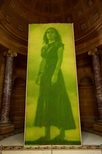A large panel with an image in tones of green of a standing person in a dress.