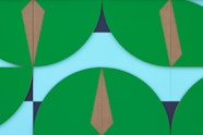 A rectangle filled with oblong and curved geometric shapes in green, brown, blue and black.