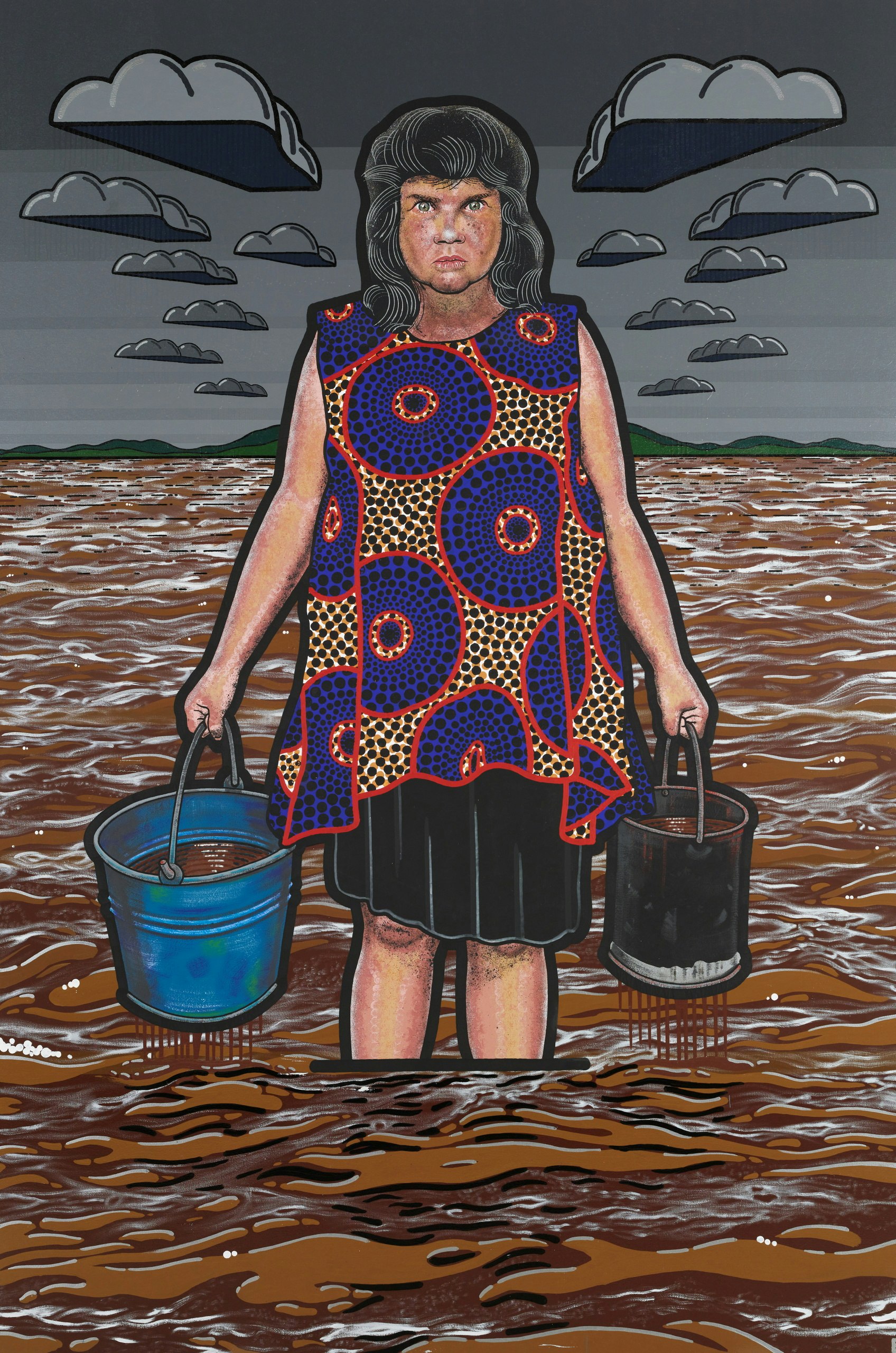 A person stands calf-deep in water holding a bucket in each hand.