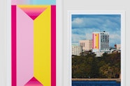 Two framed images. One is a coloured geometric design. The other is a photograph of that design on the side of a tall building.