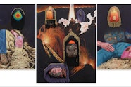 Three surrealistic images of figures with their heads replaced by other objects.
