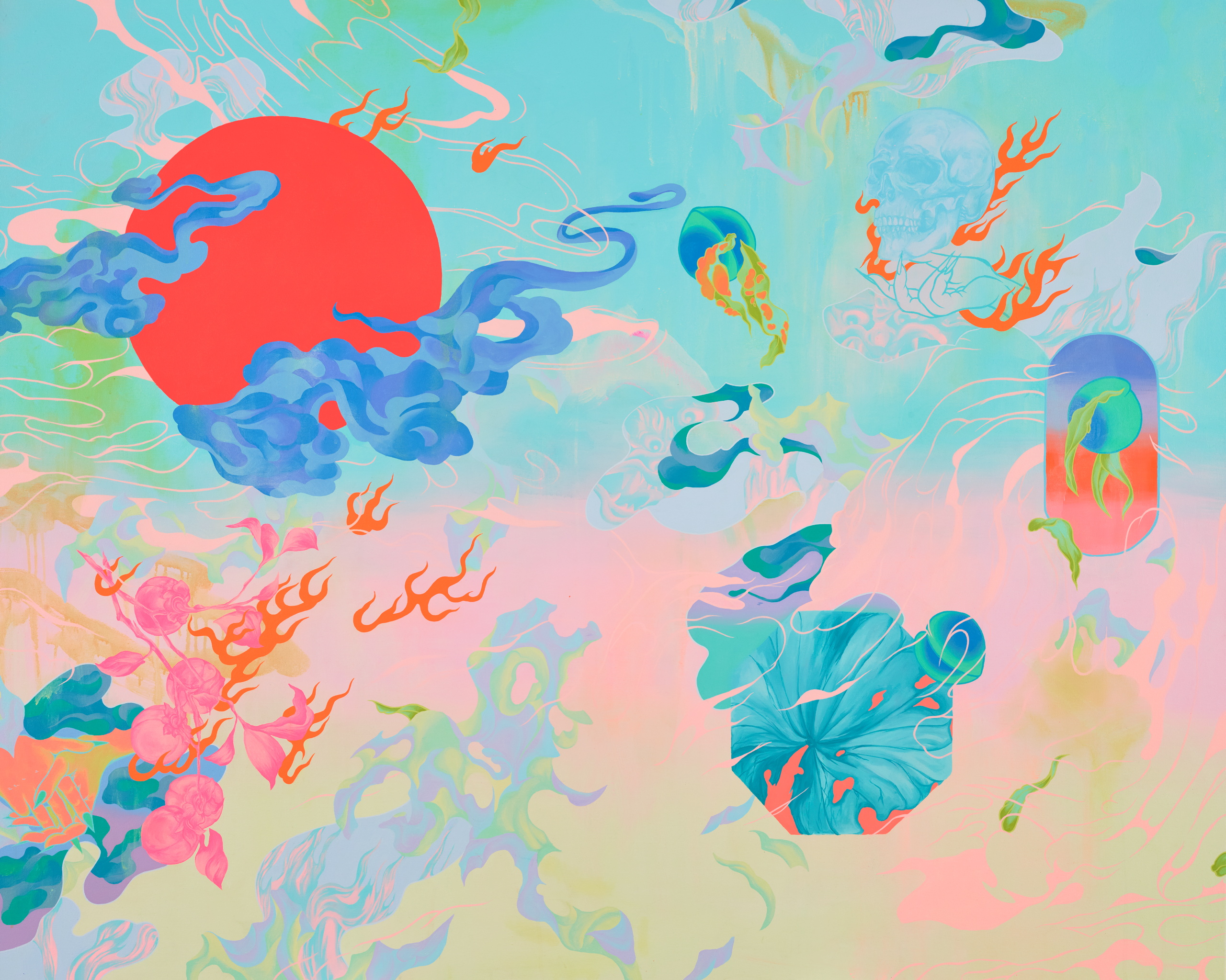 A red circle, a skull and various plant and cloud forms on a multi-coloured background.