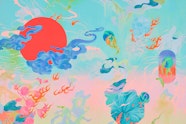 A red circle, a skull and various plant and cloud forms on a multi-coloured background.