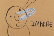 A simply drawn figure points up to a face in a crescent moon. 'Im here' is written next to the figure, and 'Nour not' in a speech bubble from the moon