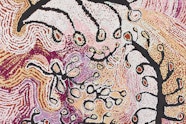 An Aboriginal painting with a plant-like form in shades of purple, brown and cream