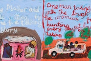 A painting with scenes described by handwritten words 'My mother and me sitting by the fire talking story' and 'One man taking with the truck all the woman for hunting at bush every day on Saturday taking at bush'