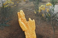 A hand-shaped gold object in a bush landscape.