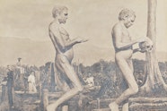 Two naked people walking. One carries a skull. In the background are other figures among cut-down trees.