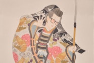 A person with glasses and up-swept hair wearing a kimono and holding a pole-like weapon