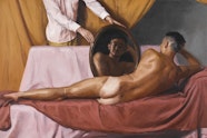A naked person lies on a couch with their head and torso reflected in a mirror being held by another partially seen figure