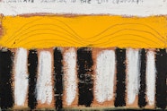 Six white columns on a black background topped by a yellow then white band with the handwritten artwork title.