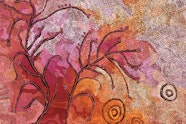 An Aboriginal painting of a tree on Country in shades of pink, purple and orange.