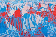 An abstracted landscape with blue curving lines over bright red and pale pink shapes.