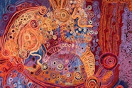 An Aboriginal painting of an ancestral story using circles and lines, mainly in bold shades of orange and purple.