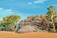 A landscape painting of a rocky outcrop with trees and red soil under a blue sky.