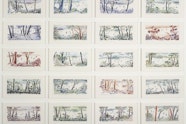24 small watercolour landscapes in six rows of four columns.