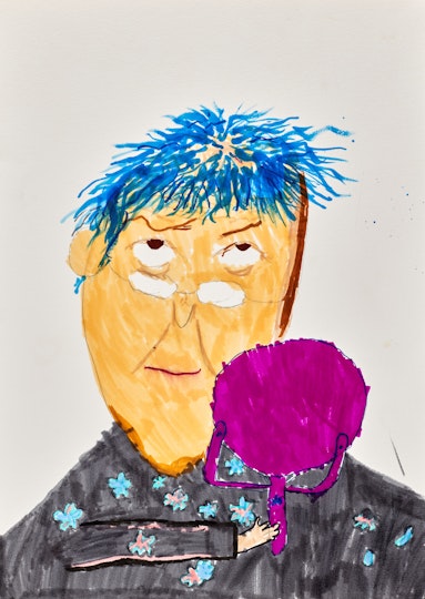A person wearing glasses and a floral top and holding a mirror looks up at their short blue hair