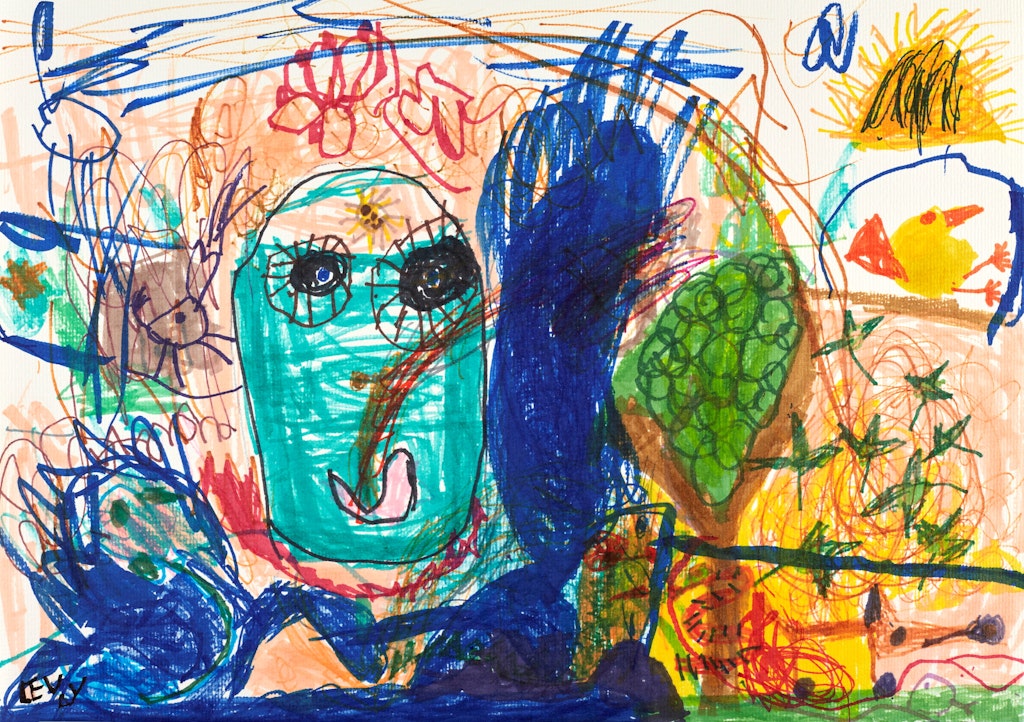 A person within a landscape that includes a tree, bird and the sun