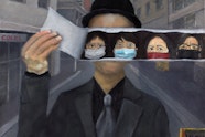 A person wearing a bowler hat, jacket, shirt and tie holds up in front of their face a picture of four people wearing surgical-type masks
