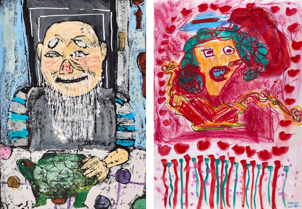 On left, a bearded person sits at a table which has a turtle on it. On right, curly-haired person surrounded by hearts.